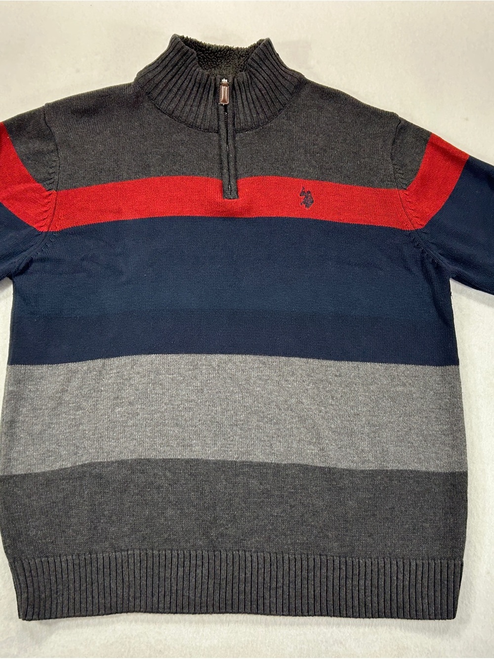 U.S. Polo Assn Mens XL 1/4 Zip Sweater Colorblock Sherpa Collar Navy Gray Re